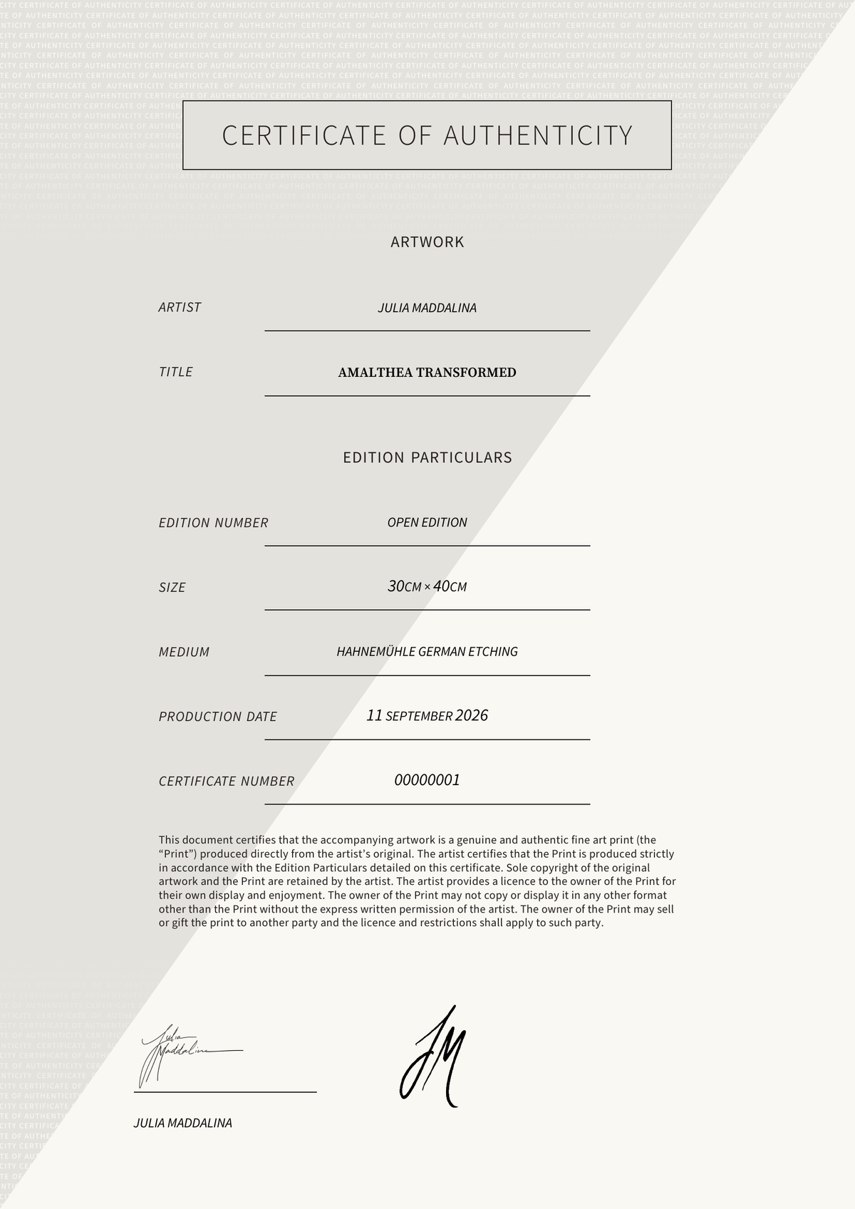 Amalthea Transformed — Certificate of Authenticity